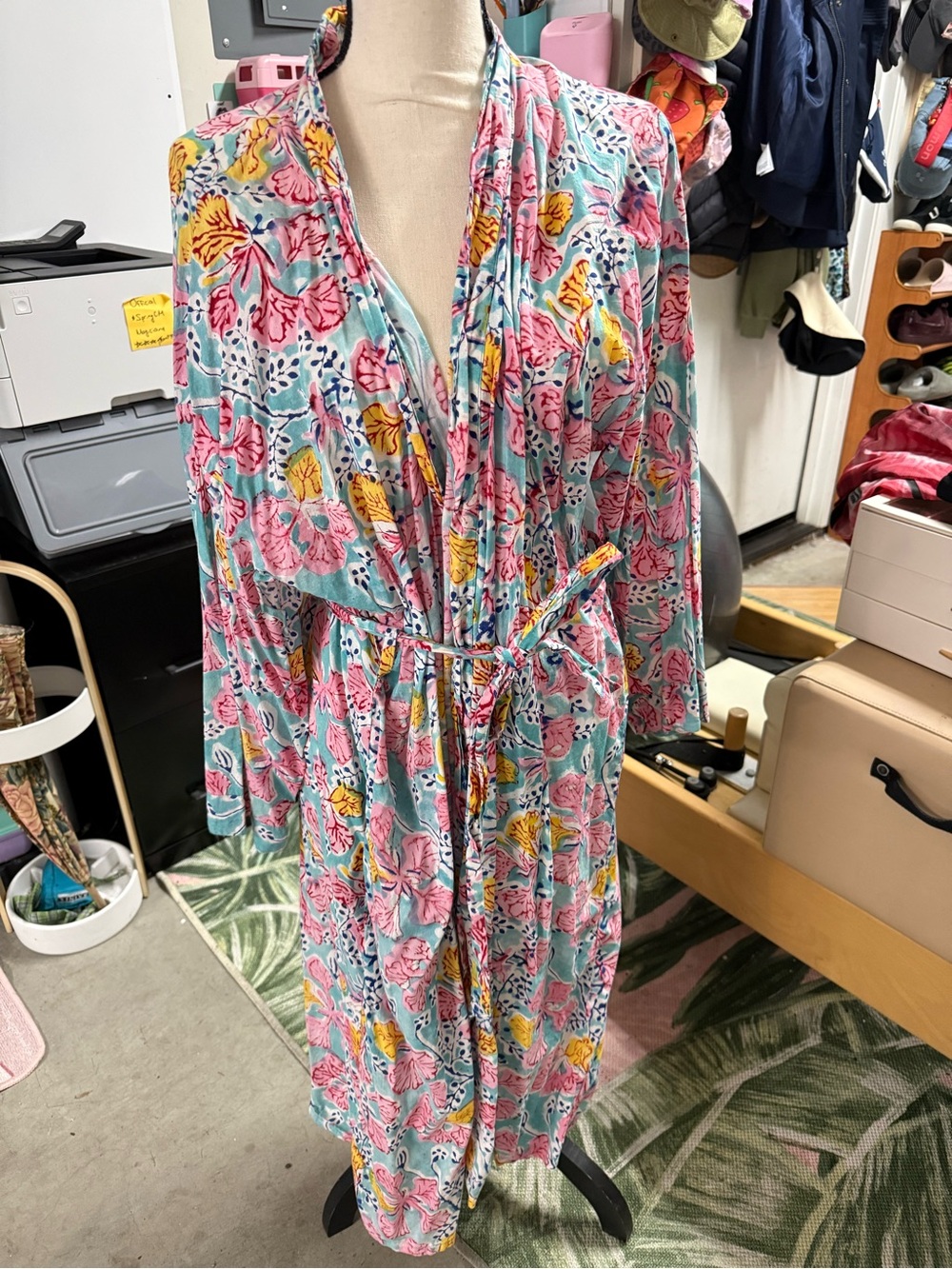 Cotton Floral Print Robe in Light Blue and Pink